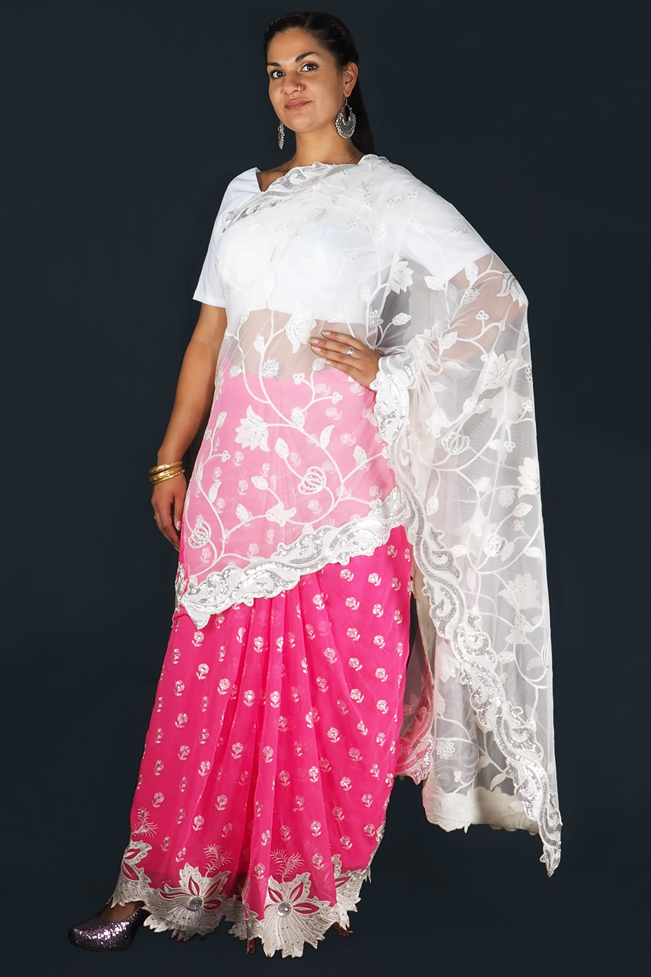 Fertig gewickelter Bollywood Sari Indien Schwarz in 3 Größen 